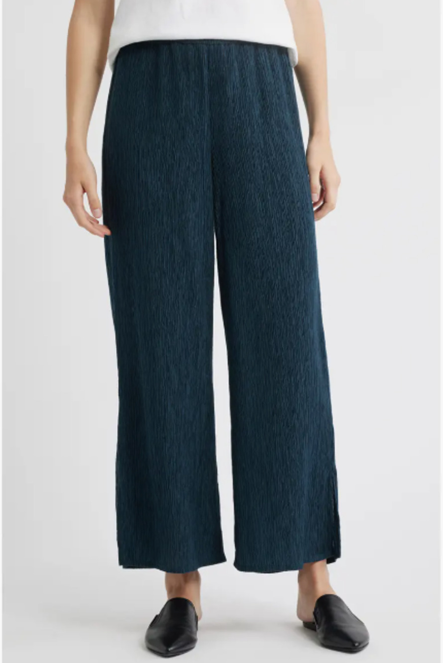 Eileen Fisher XXS Slit Hem Plisse Crinkle Ankle Pants Lightweight Navy Blue
